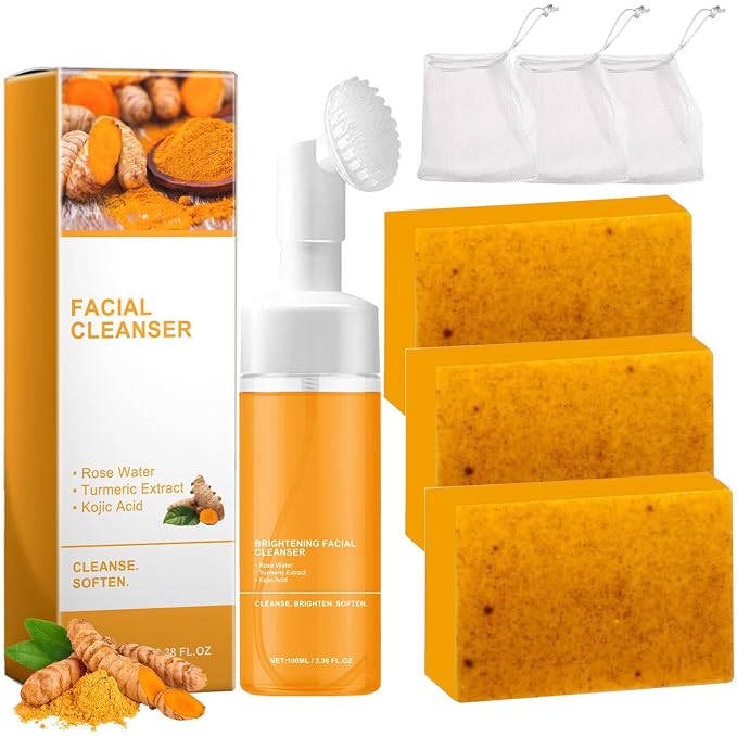 Turmeric facial cleanser kit with soap bars and mesh bags